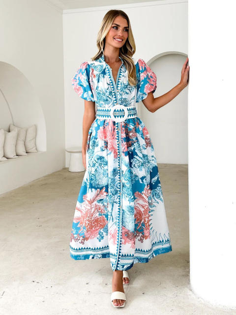 Summer New Fashion Casual Positioning Lace-up Printing Long dress