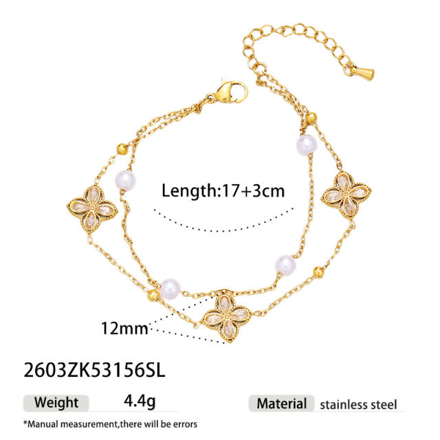Delicate diamond clover two layer stainless steel bracelet