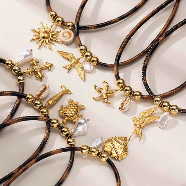 Fashion Ocean Series Pendant Necklace with Leopard Print Leather Cord stainless steel necklace