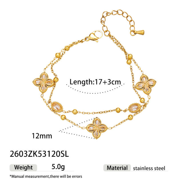 Delicate diamond clover two layer stainless steel bracelet