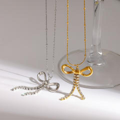 18K Gold-Plated Bowknot Rhinestone Tassel Pendant Stainless Steel Necklace