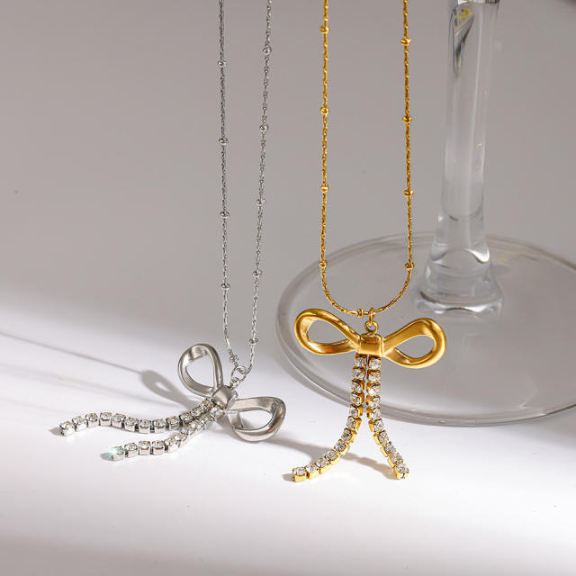 18K Gold-Plated Bowknot Rhinestone Tassel Pendant Stainless Steel Necklace