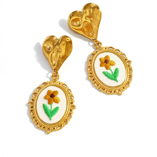 Vintage embroidery flower oval drop stainless steel earrings
