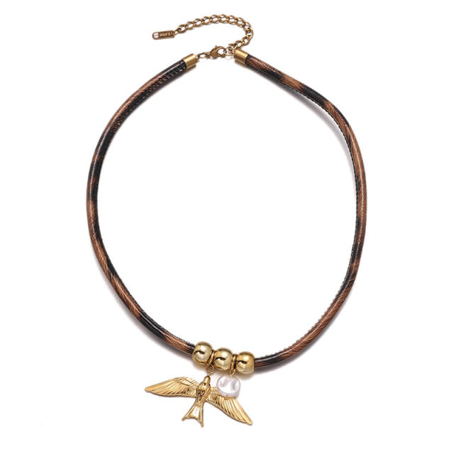 Fashion Ocean Series Pendant Necklace with Leopard Print Leather Cord stainless steel necklace