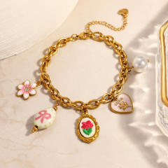 New design charm bracelet embroidery flower pink bow stainless steel bracelet