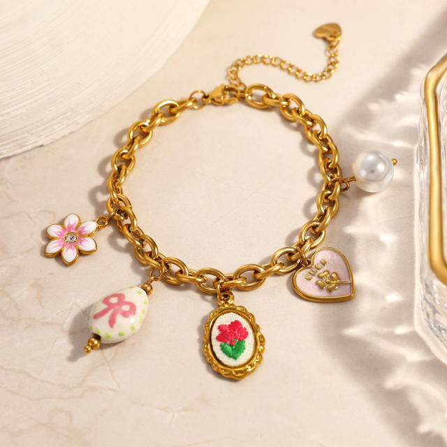 New design charm bracelet embroidery flower pink bow stainless steel bracelet