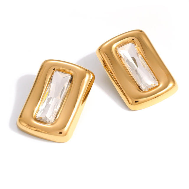 Retro style geometric square glass crystal inlaid stainless steel earrings