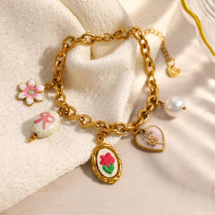 New design charm bracelet embroidery flower pink bow stainless steel bracelet