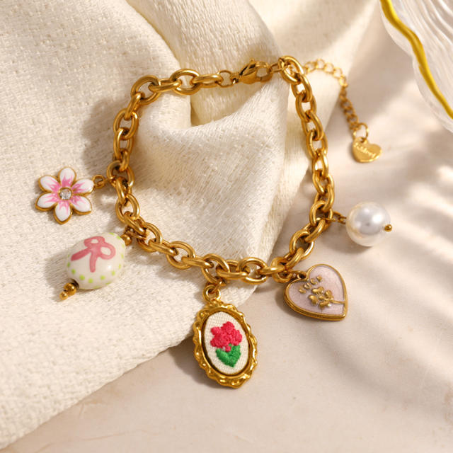 New design charm bracelet embroidery flower pink bow stainless steel bracelet