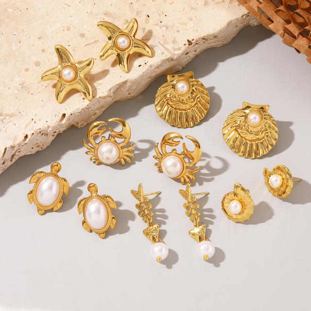 Best-Selling Marine Series stainless Steel Earrings Pearl Earrings Turtle Crab Starfish Earrings for Women