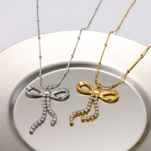 18K Gold-Plated Bowknot Rhinestone Tassel Pendant Stainless Steel Necklace