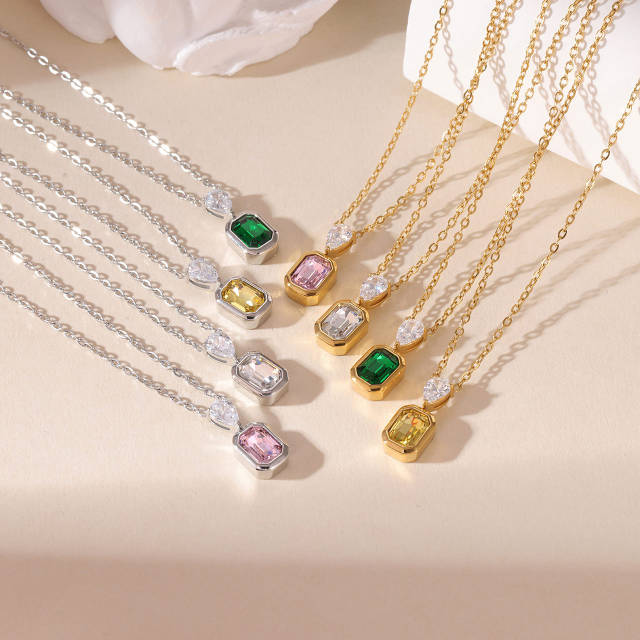 Dainty colorful heart crystal pendant stainless steel necklace