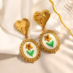 Vintage embroidery flower oval drop stainless steel earrings