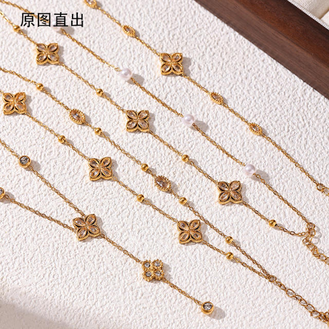 Delicate diamond clover two layer stainless steel bracelet