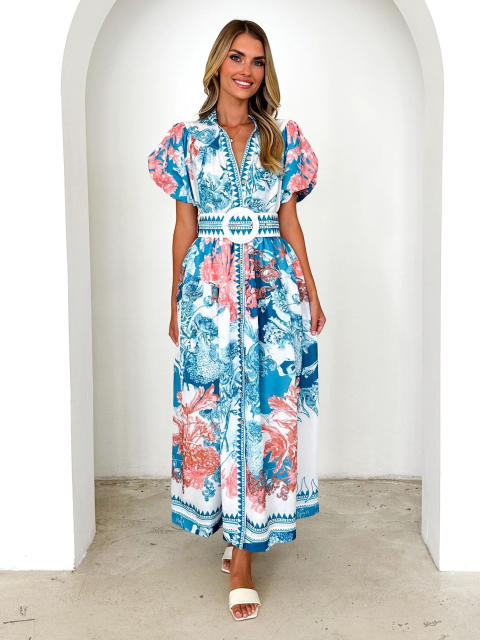 Summer New Fashion Casual Positioning Lace-up Printing Long dress