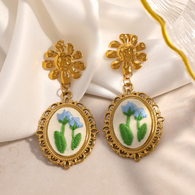 Vintage embroidery flower stainless steel earrings