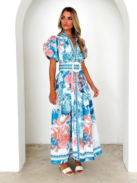 Summer New Fashion Casual Positioning Lace-up Printing Long dress