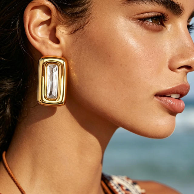 Retro style geometric square glass crystal inlaid stainless steel earrings