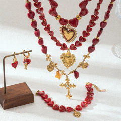 French Retro Palace-Style Acrylic Red Heart Necklace with Cross Pendant stainless steel necklace set
