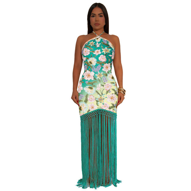 Chinese trend long tassel sleeveless halter neck dress for women