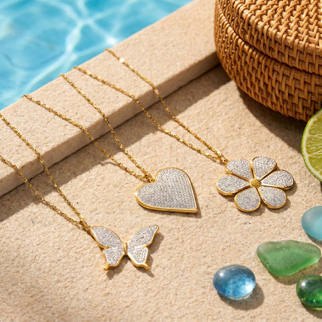 New Micro-Inlaid Zircon Butterfly heart flower pendant stainless steel Necklace for Women