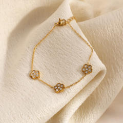 18KG diamond flower stainless steel bracelet
