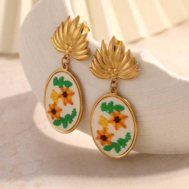 Sweet fresh embroidery flower stainless steel earrings