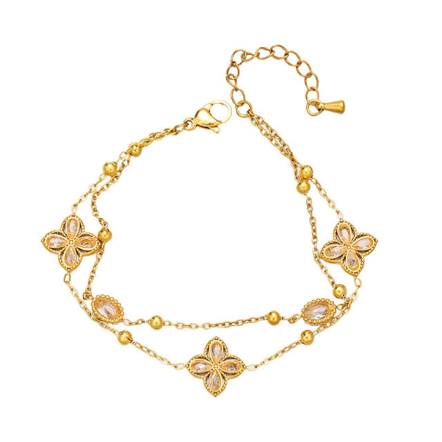 Delicate diamond clover two layer stainless steel bracelet