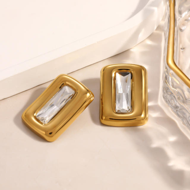 Retro style geometric square glass crystal inlaid stainless steel earrings