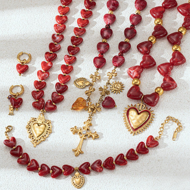 French Retro Palace-Style Acrylic Red Heart Necklace with Cross Pendant stainless steel necklace set