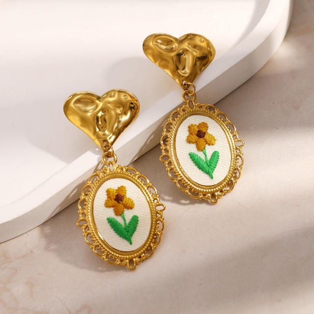 Vintage embroidery flower oval drop stainless steel earrings