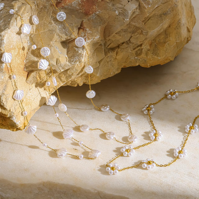18K Gold-Plated Stainless Steel necklace Pearl Necklace Shell Flower Imitation Pearl Chain necklace for women