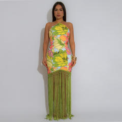 Chinese trend long tassel sleeveless halter neck dress for women
