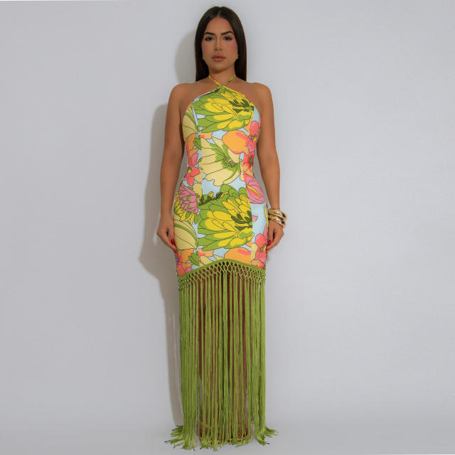 Chinese trend long tassel sleeveless halter neck dress for women