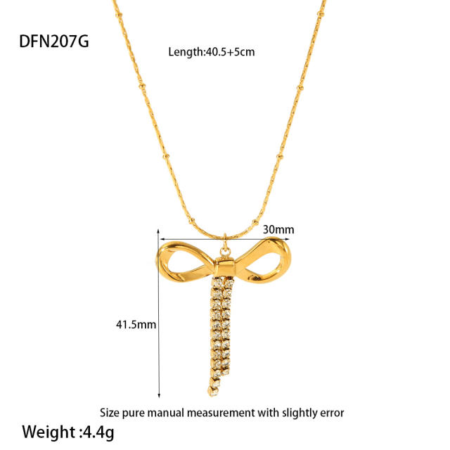 18K Gold-Plated Bowknot Rhinestone Tassel Pendant Stainless Steel Necklace