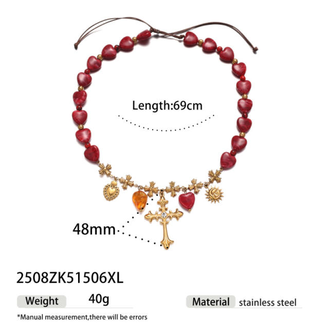 French Retro Palace-Style Acrylic Red Heart Necklace with Cross Pendant stainless steel necklace set