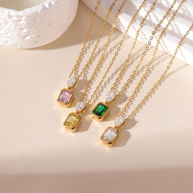 Dainty colorful heart crystal pendant stainless steel necklace