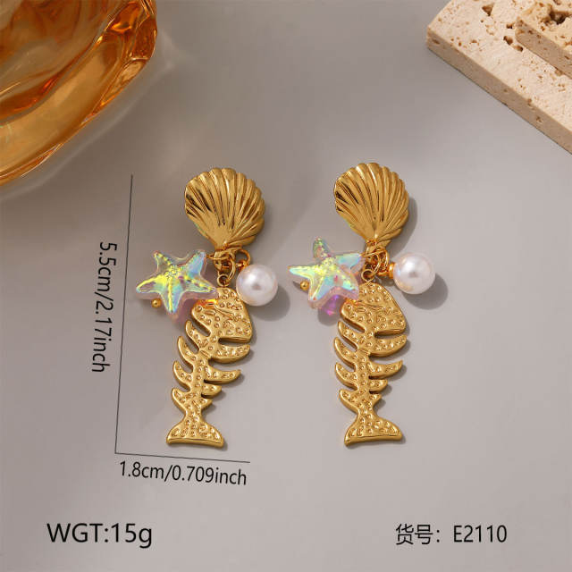Geometric Ocean Stainless Steel Earrings Simple Pearl Shell Star Fishbone Earrings for Women