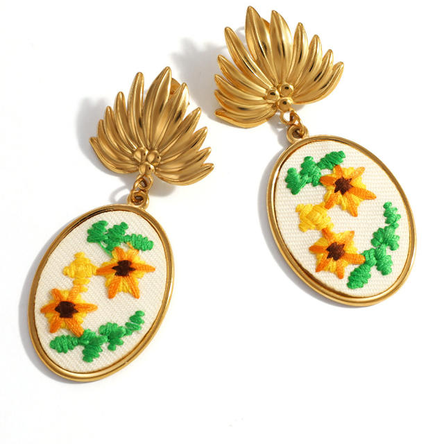 Sweet fresh embroidery flower stainless steel earrings
