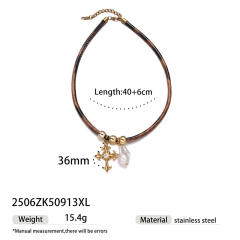 Fashion Ocean Series Pendant Necklace with Leopard Print Leather Cord stainless steel necklace