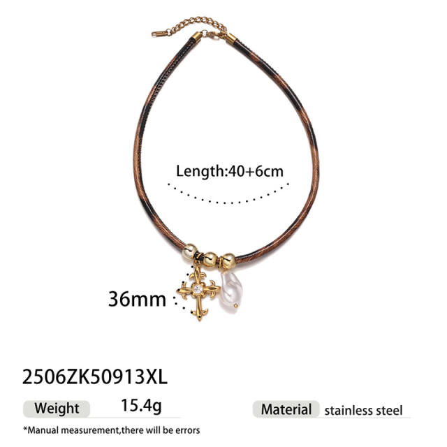 Fashion Ocean Series Pendant Necklace with Leopard Print Leather Cord stainless steel necklace
