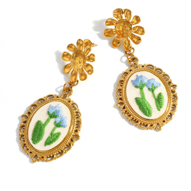 Vintage embroidery flower stainless steel earrings