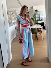 Summer Striped Print Casual Fashion V-Neck Waist-Cinching Ins-Style Skirt Set