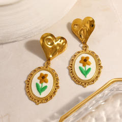 Vintage embroidery flower oval drop stainless steel earrings