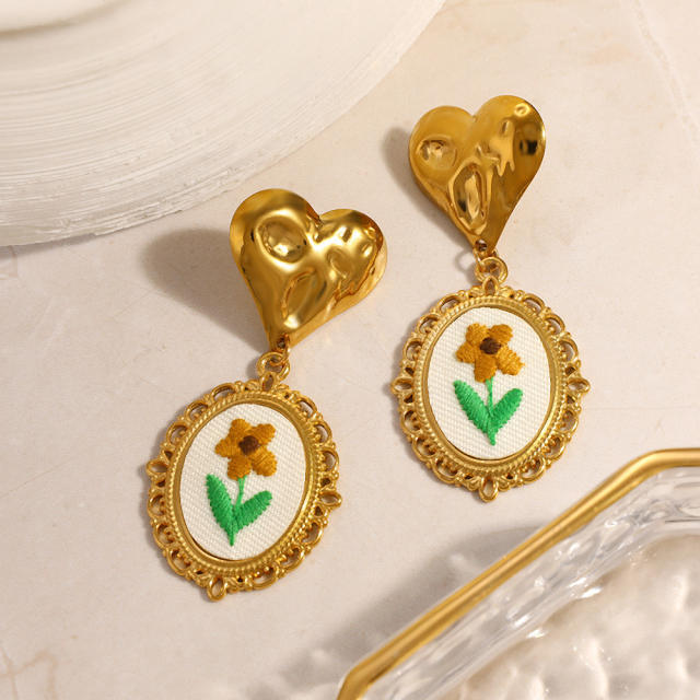 Vintage embroidery flower oval drop stainless steel earrings