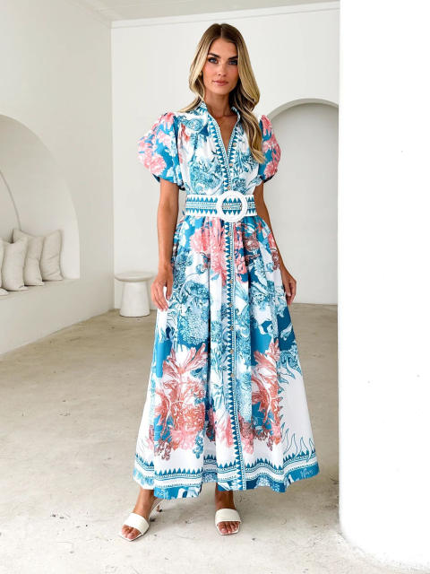 Summer New Fashion Casual Positioning Lace-up Printing Long dress