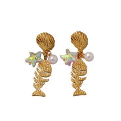 Geometric Ocean Stainless Steel Earrings Simple Pearl Shell Star Fishbone Earrings for Women