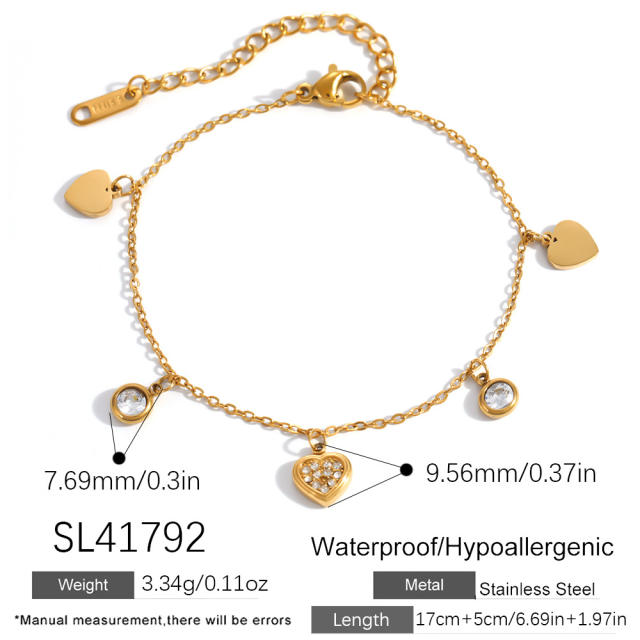 Hot sale diamond heart charm stainless steel bracelet