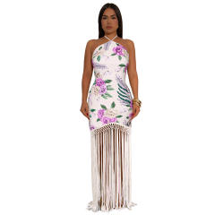 Chinese trend long tassel sleeveless halter neck dress for women