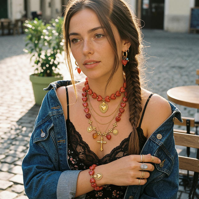 French Retro Palace-Style Acrylic Red Heart Necklace with Cross Pendant stainless steel necklace set